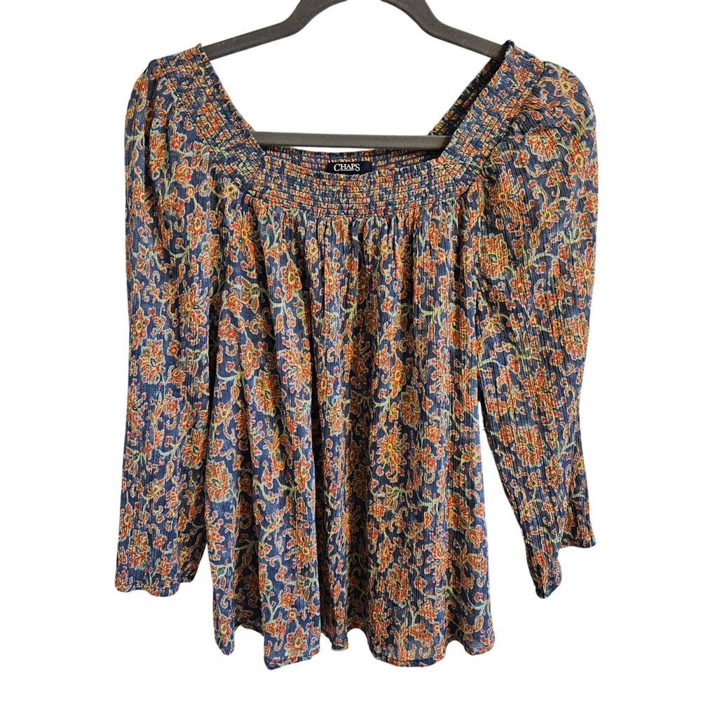Chaps Woman Size M Brand New Floral Gauzy Peasant Shirt 3/4 Sleeves Smocking